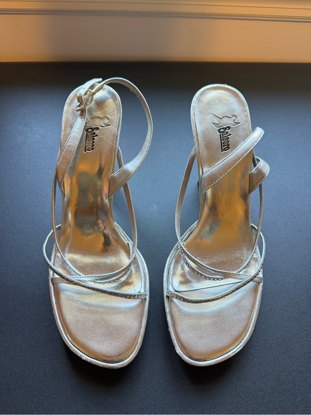 Strappy Metallic Slingback Heels in Silver